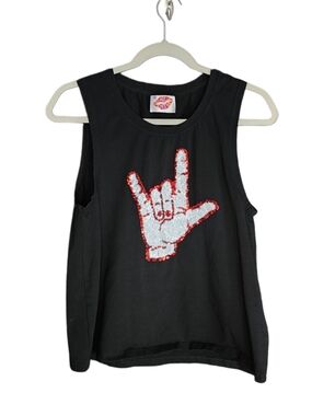 Y2K Black Sequin Graphic Tank Top Medium I Love You Hand Sign Punk Grunge Tee